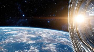 Space station with earth and sun in the background photo