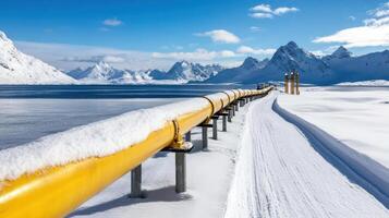 A long pipeline with snow on the ground and mountains in the background photo