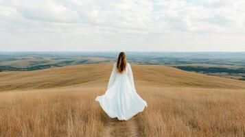 A woman in a white dress walking on a path in the middle of a field photo