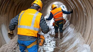 Two construction workers in orange vests and hard hats are walking through a tunnel photo