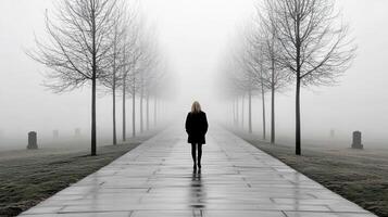 A woman is walking down a path in the fog photo