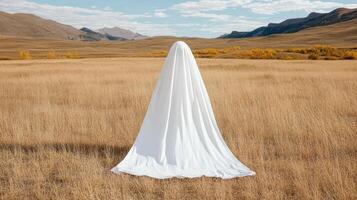 A white ghostly figure standing in a field photo