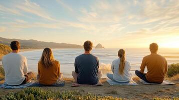 A group of people sitting on the beach at sunset photo