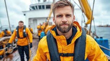 A man in yellow jacket standing on a boat photo