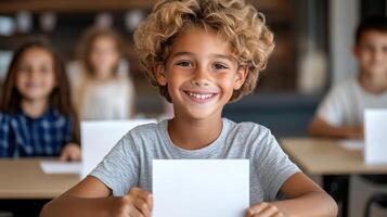 A child smiles while holding a piece of paper photo
