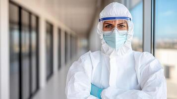 A woman in a protective suit and mask stands in an office photo