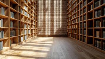 An empty room with bookshelves and sunlight photo