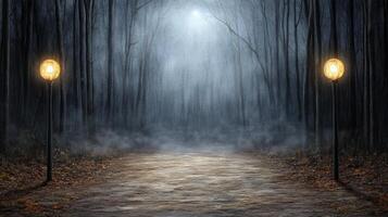 A path in the woods with two street lights photo