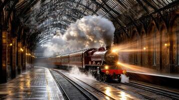 A steam train is coming through a tunnel photo