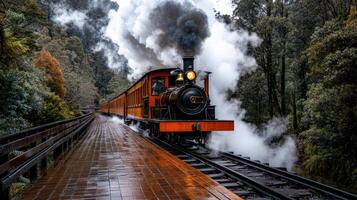 A steam train traveling down a track in the woods photo
