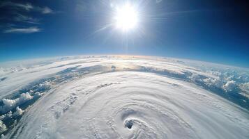 A circular hurricane is seen from space photo