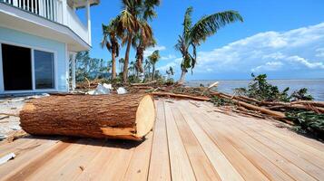 A large tree log on a wooden deck photo