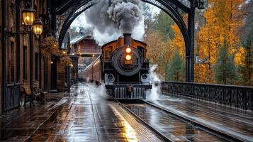 A steam train traveling down a track in the rain photo