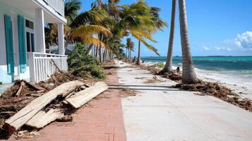 A beach with palm trees and a house on the side photo