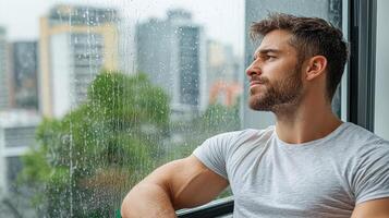 A man is looking out the window at the rain photo