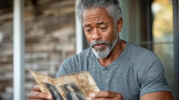 An older man is looking at an old photo