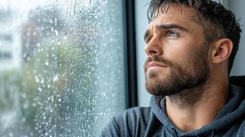 A man looking out the window at the rain photo