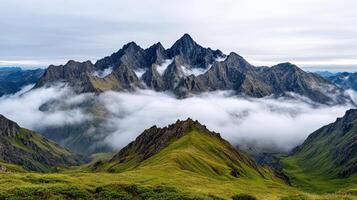 Mountains covered in clouds and grass photo