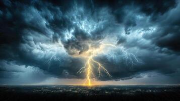 Lightning strike over the city in a stormy sky photo