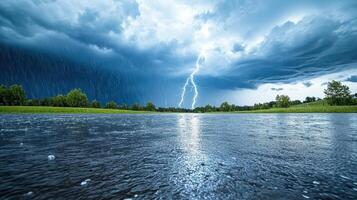 A stormy sky with lightning and rain over a lake photo
