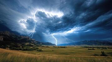 A stormy sky with lightning and clouds over a field photo