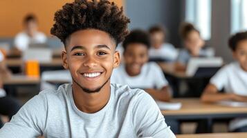 A young boy with an afro is smiling in a classroom photo