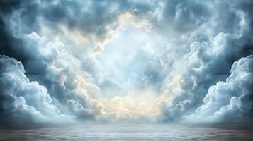 A large cloud filled sky with a bright light photo