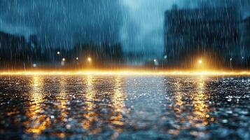 Rainy night with street lights and raindrops on the ground photo