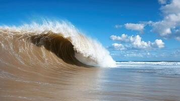 A large wave breaking on the beach photo