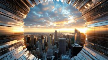 A circular hole in the middle of a city with skyscrapers photo