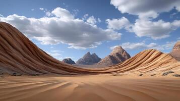 A desert landscape with sand dunes and mountains photo