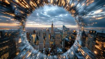 A cityscape with a circular lens in the middle photo