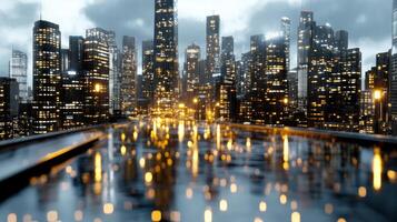 A city at night with lights on the buildings photo