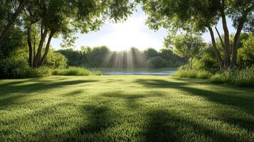 A green grassy field with trees and sunbeams photo