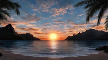 Sunset on the beach with palm trees photo