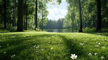 un verde herboso campo con arboles y flores foto