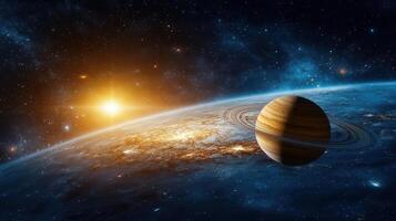 Saturn in space with the sun in the background photo