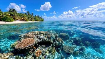 Coral reef and tropical island in the ocean photo