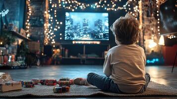 A child sitting on the floor watching a tv photo