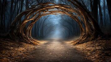 A path through a dark forest with trees and a tunnel photo