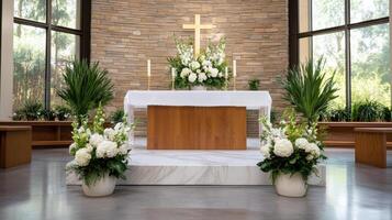 A church altar with white flowers and a cross photo