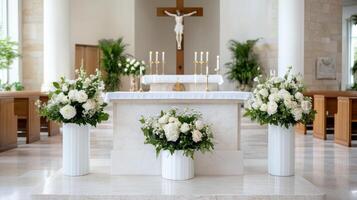 A church with white flowers and a cross photo