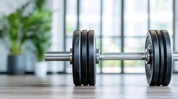 A pair of dumbbells on a wooden floor photo