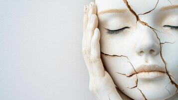 A white statue with cracked skin and eyes photo
