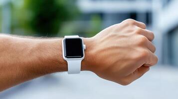 A person is holding an apple watch on their wrist photo