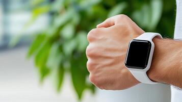 A man wearing a white shirt and holding a smart watch photo