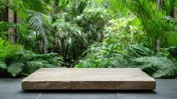 A stone slab on a table in front of a tropical jungle photo