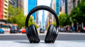 A pair of headphones on a city street photo