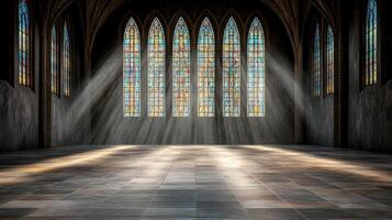 An empty church with a large window and sun beams photo