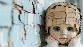 An old doll with a head covered in peeling paint photo